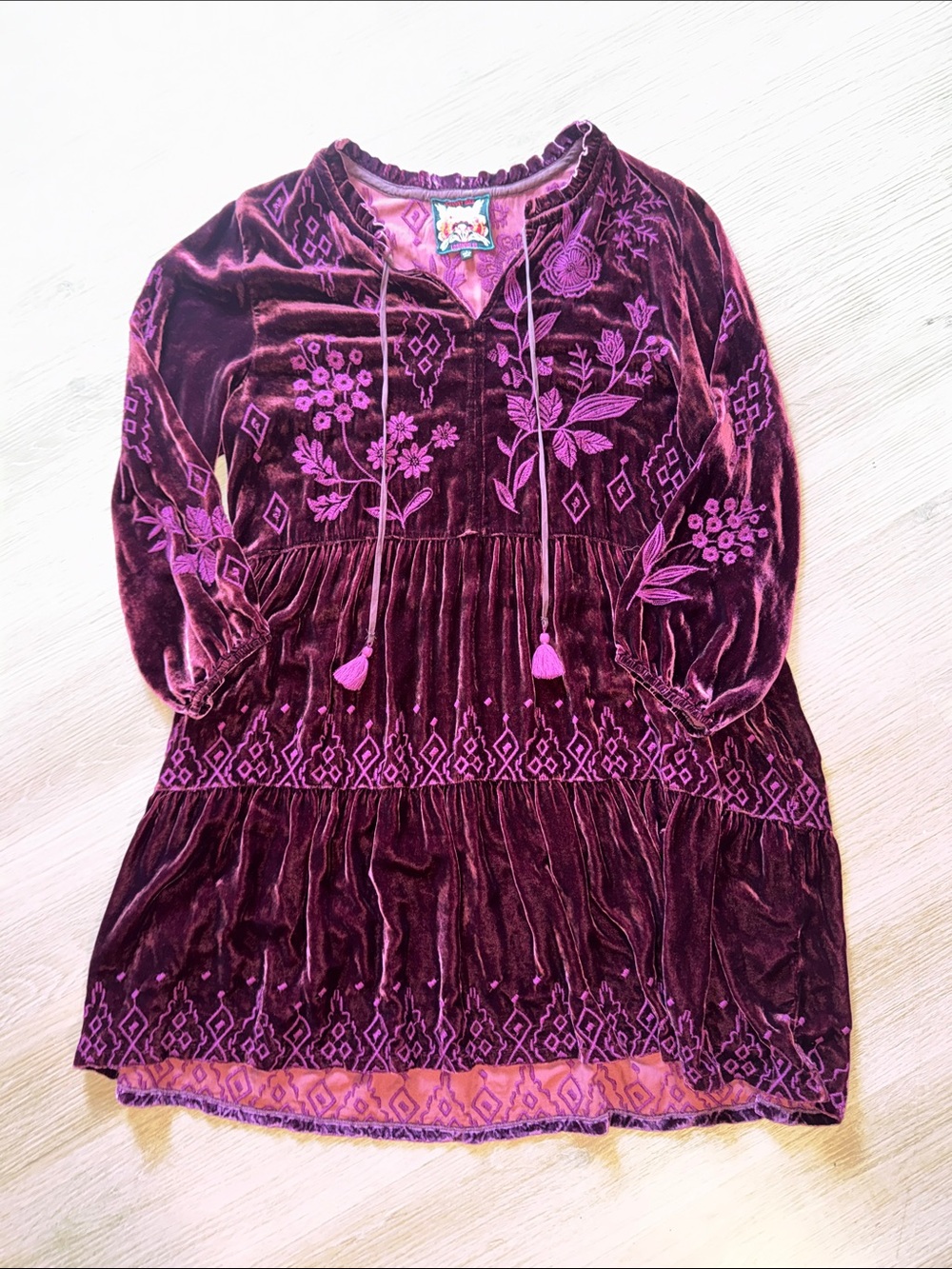 JOHNNY WAS Ivey Embriodered Maroon Plum Velvet Field Tiered Flowy Dress